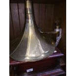 A vintage Sound Master gramophone with brass horn - later aluminum arm.