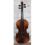 A violin with two piece back, length 36cm, with hard case.