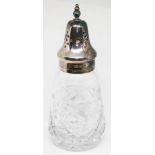 A hallmarked silver and cut glass sugar shaker by Mappin & Webb, height 17cm.