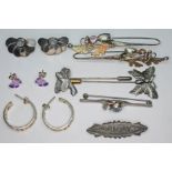 A mixed lot of silver and white metal jewellery comprising a pair of hallmarked earrings of fan form