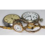 A group of four watches including a ladies 9ct gold wristwatch with 9ct gold strung strap gross