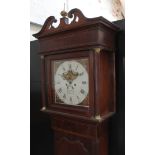 A George III mahogany 8 day long case clock, the painted rolling moon dial signed 'Hugh Clarke