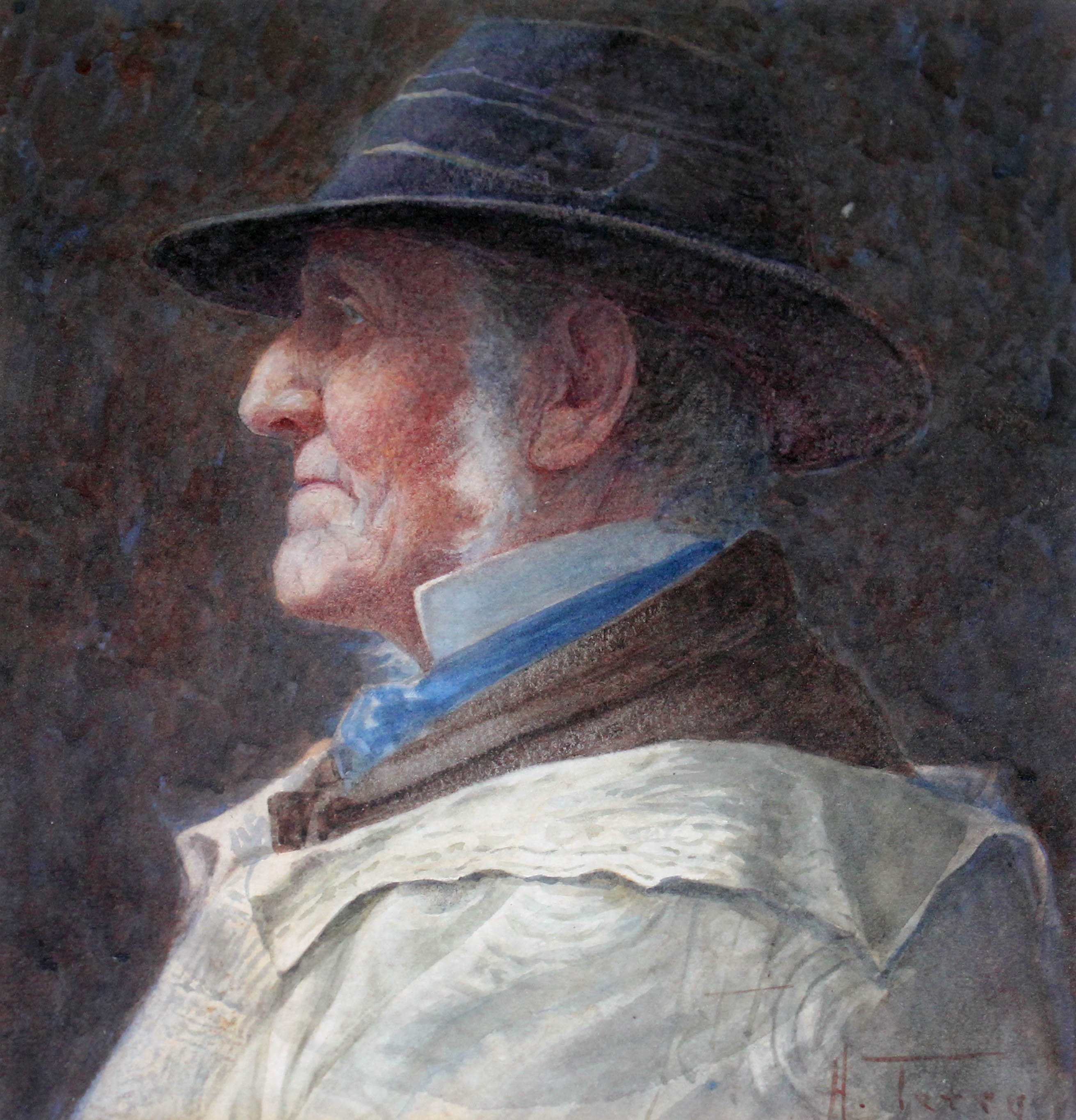 Henry John Terry (1818-1880), portrait of a man wearing a hat in side profile, watercolour, 24cm x