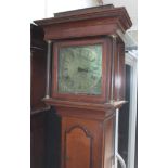 An oak and mahogany crossbanded 30 hour long case clock with brass dial, height 220cm.