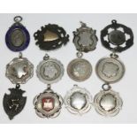 A group of nine hallmarked silver fob medals and three marked 'Sterling', gross wt. 2oz.