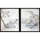 A pair of Japanese watercolour paintings, one depicting a troupe of gibbons picking fruit in the