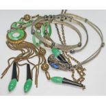 A eastern gilt metal and simulated jade necklace, together with a white metal necklace, lengths 90cm