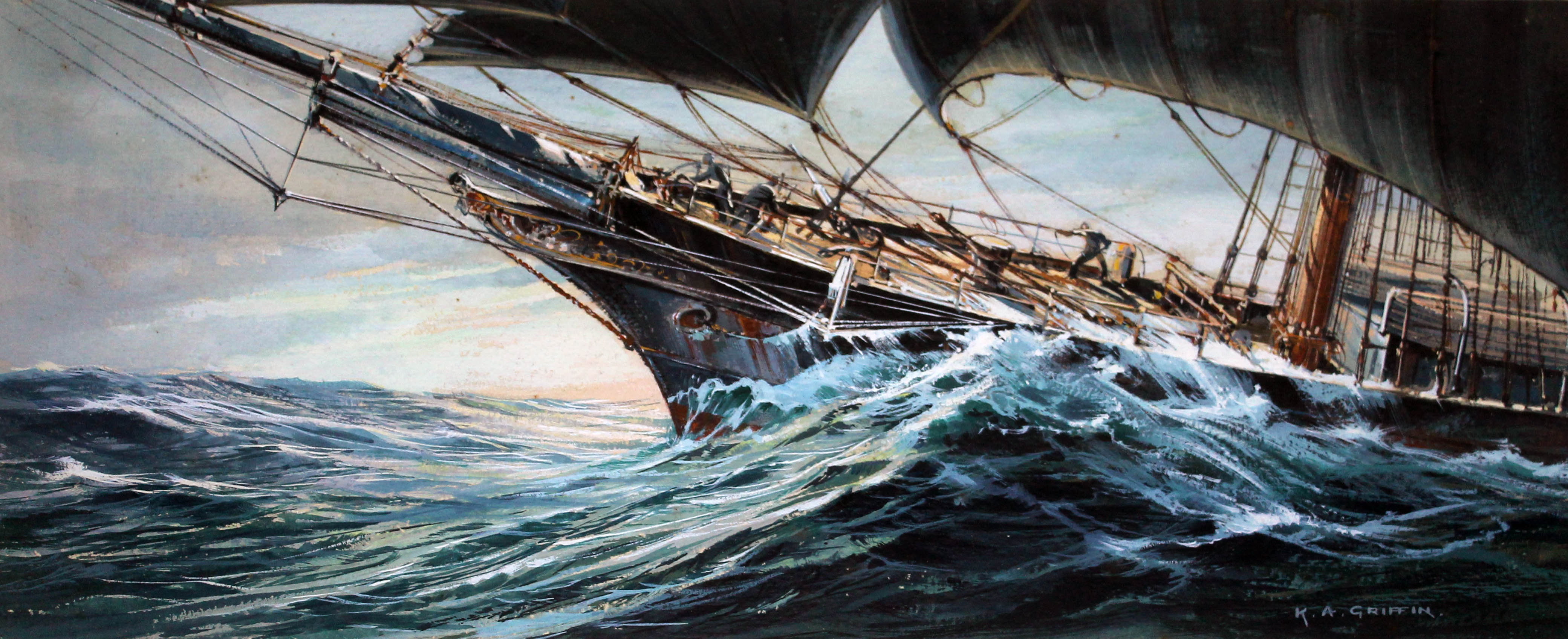 Keith Alastair Griffin (b1927), bow of a ship in rough seas, watercolour, 16cm x 37cm, signed