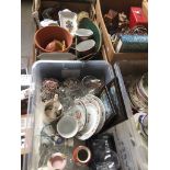 Plastic crate of ceramics etc. and box of pottery