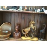 5 wooden items including sycamore bowl, horse figure and ethnic bust