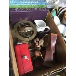 A box of mixed items inc Wedgwood, Denby, cash box, etc