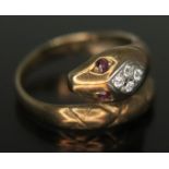 A 9ct gold entwined snake ring, marked '375' with import marks, gross wt. 2.72g, size J.