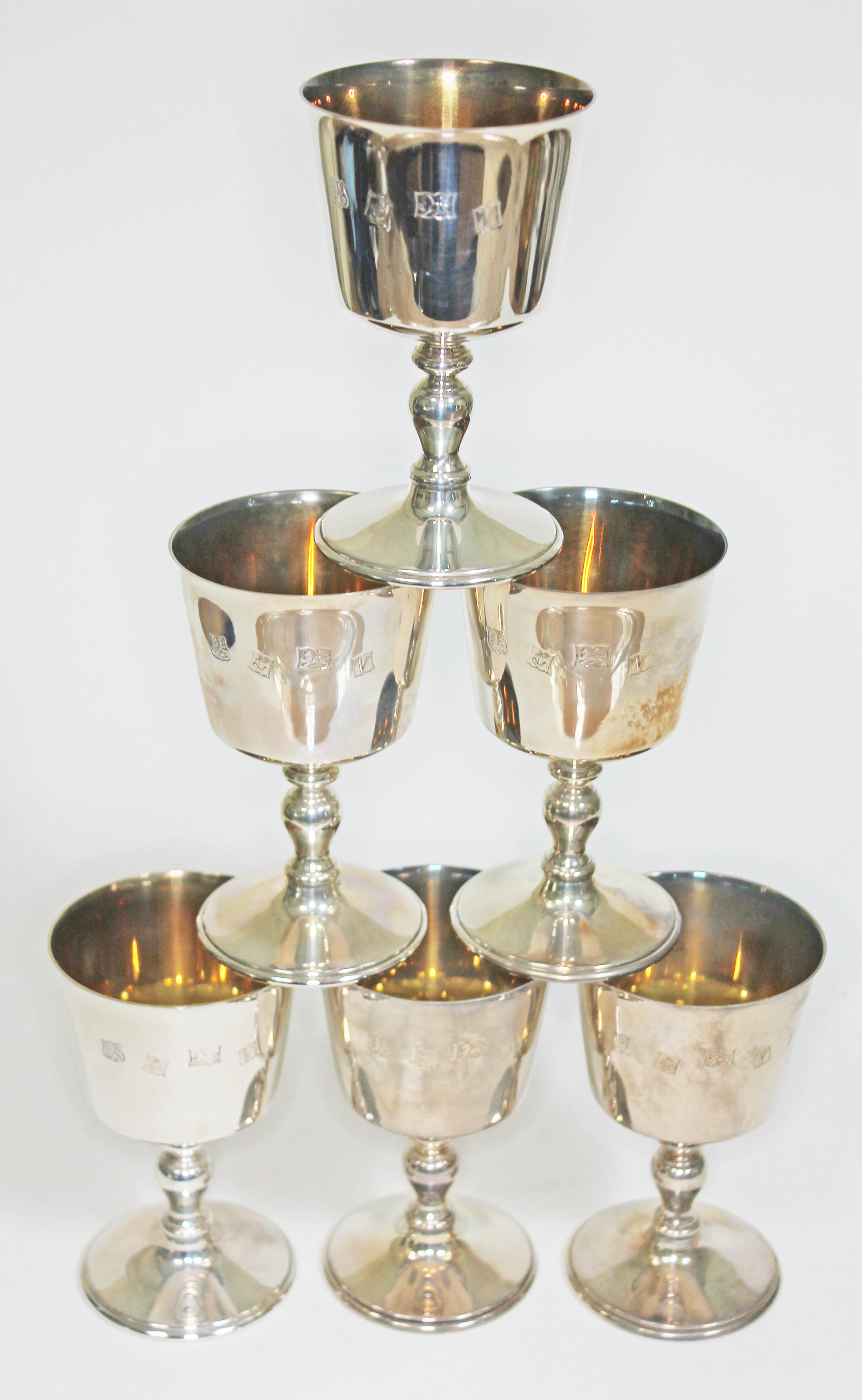 A set of six hallmarked silver goblets with gilt interiors, Barker Ellis Silver Co, Birmingham 1970,