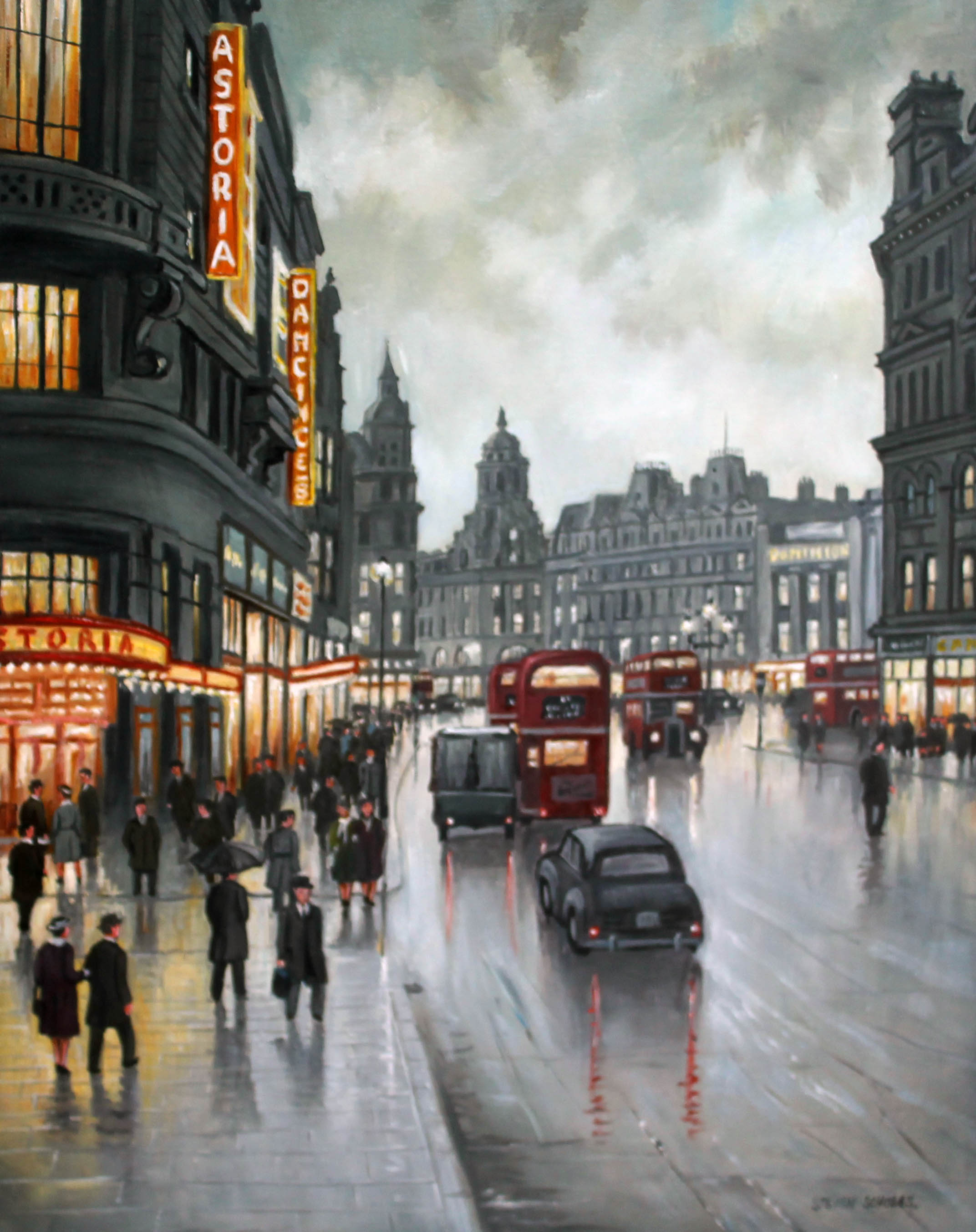 Steven Scholes (b1952), "The Astoria Cinema Charing Cross Rd London 1958", oil on canvas, 39.5cm x