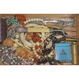 A box of bric a brac including costume jewellery, ivory and bone circa 1900, tortoiseshell, a