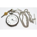 A ladies pocket watch marked 'fine silver' together with an albert chain marked 925, gross weight