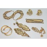 Three pairs of hallmarked 9ct gold earrings and three others unmarked, gross wt. 10.54g.