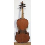 An antique violin, two piece back, length 359mm, with wooden case. Condition - no finger board,