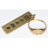 A hallmarked 9ct gold ingot, length 37mm, together with a hallmarked 9ct gold signet ring, wt. 8.