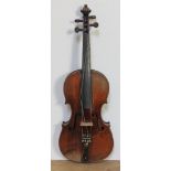 An antique violin, two piece back, length 358mm, with hard case. Condition - crack running from