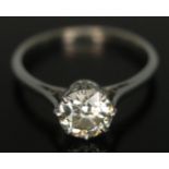 A diamond solitaire ring, the stone weighing approx. 1.08 carats, band marked 'PLAT', gross wt. 3.