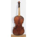 An antique violin, two piece back, length 356mm, with hard case. Condition - 4cm split running