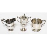 Hallmarked silver comprising a trophy, a tankard and a jug, wt. 10oz.