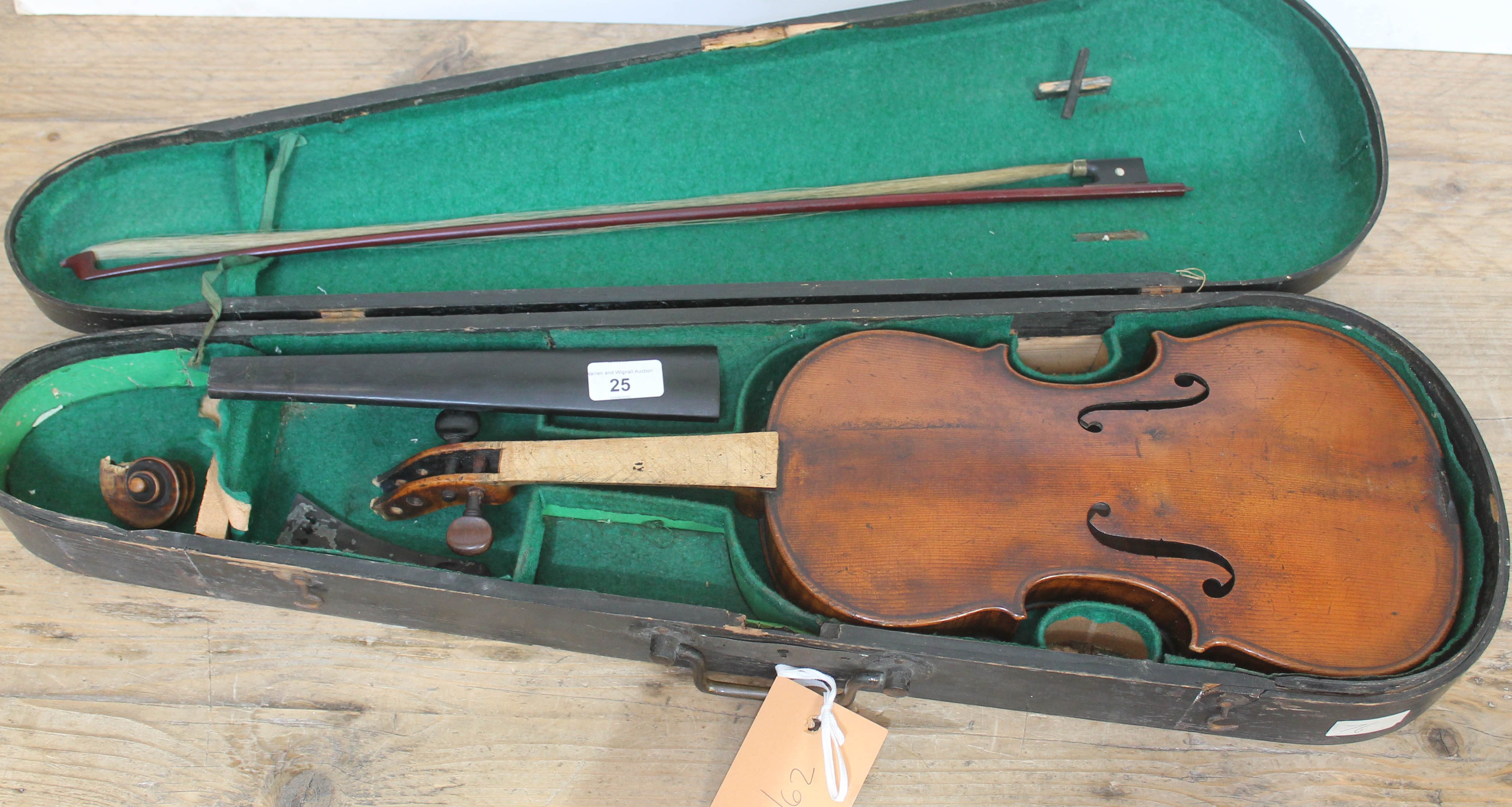 An antique violin, two piece back, length 357mm, with wooden case. Condition - broken below - Image 2 of 5