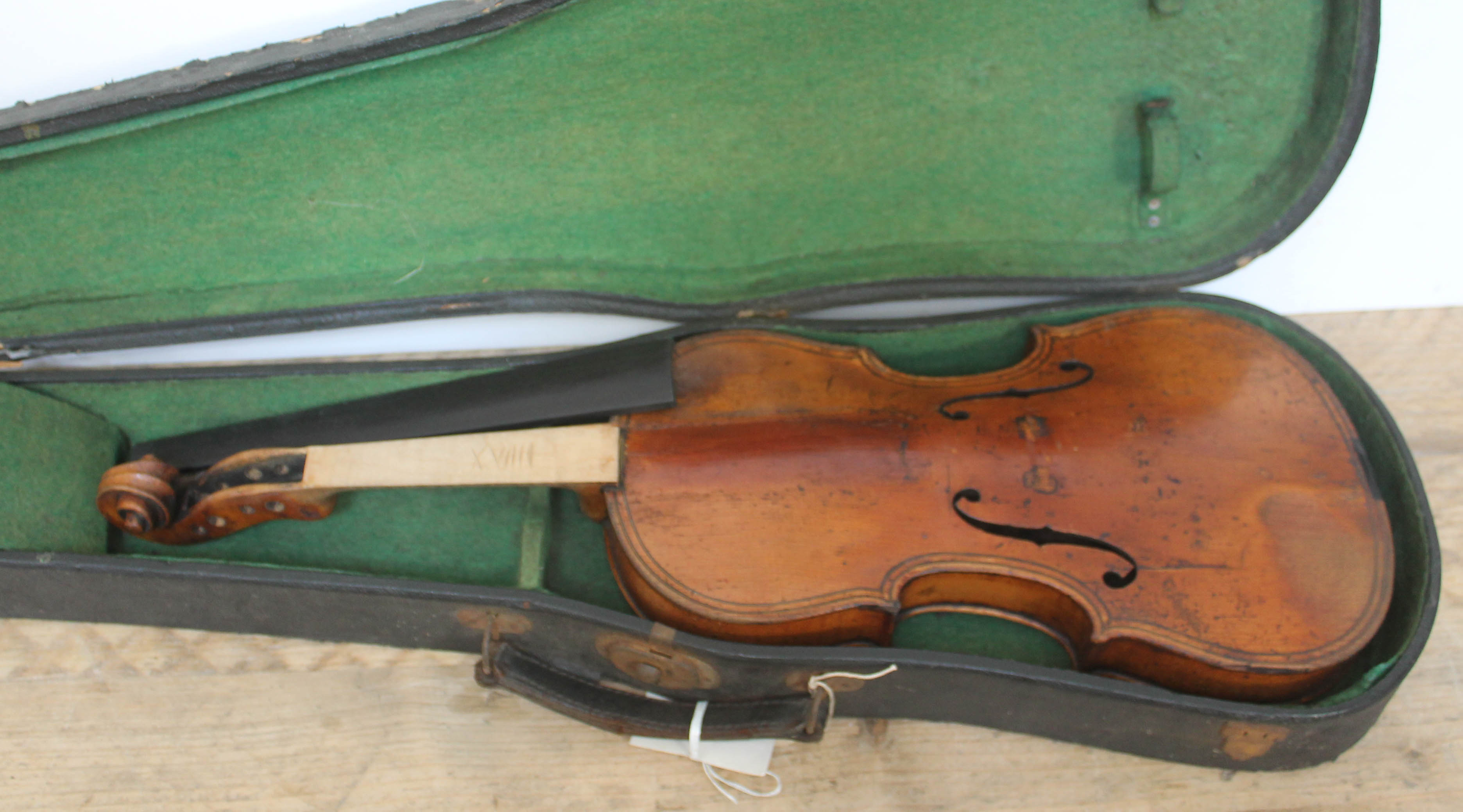 An antique violin, two piece back, length 356mm, with hard case. Condition - 4cm split running - Image 2 of 4