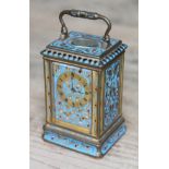 A French miniature champleve enamel and gilt brass carriage clock, circa 1900, maker's