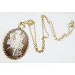 A hallmarked 9ct gold mounted shell cameo pendant brooch on hallmarked 9ct chain, gross wt. 8.36g,