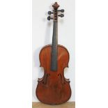 An antique violin, two piece back, length 359mm, with hard case. Condition - various hairlines and