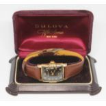 A gent's gold plated Bulova wristwatch with box.
