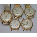 Five gold plated vintage mechanical manual wind wristwatches to include two Smiths Astral with