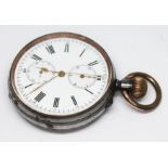 A gun metal cased chronograph pocket watch having white enamelled dial, Roman numerals and hands