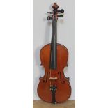 An antique violin, two piece back, length 363mm, with hard case. Condition - possibly re-stained but