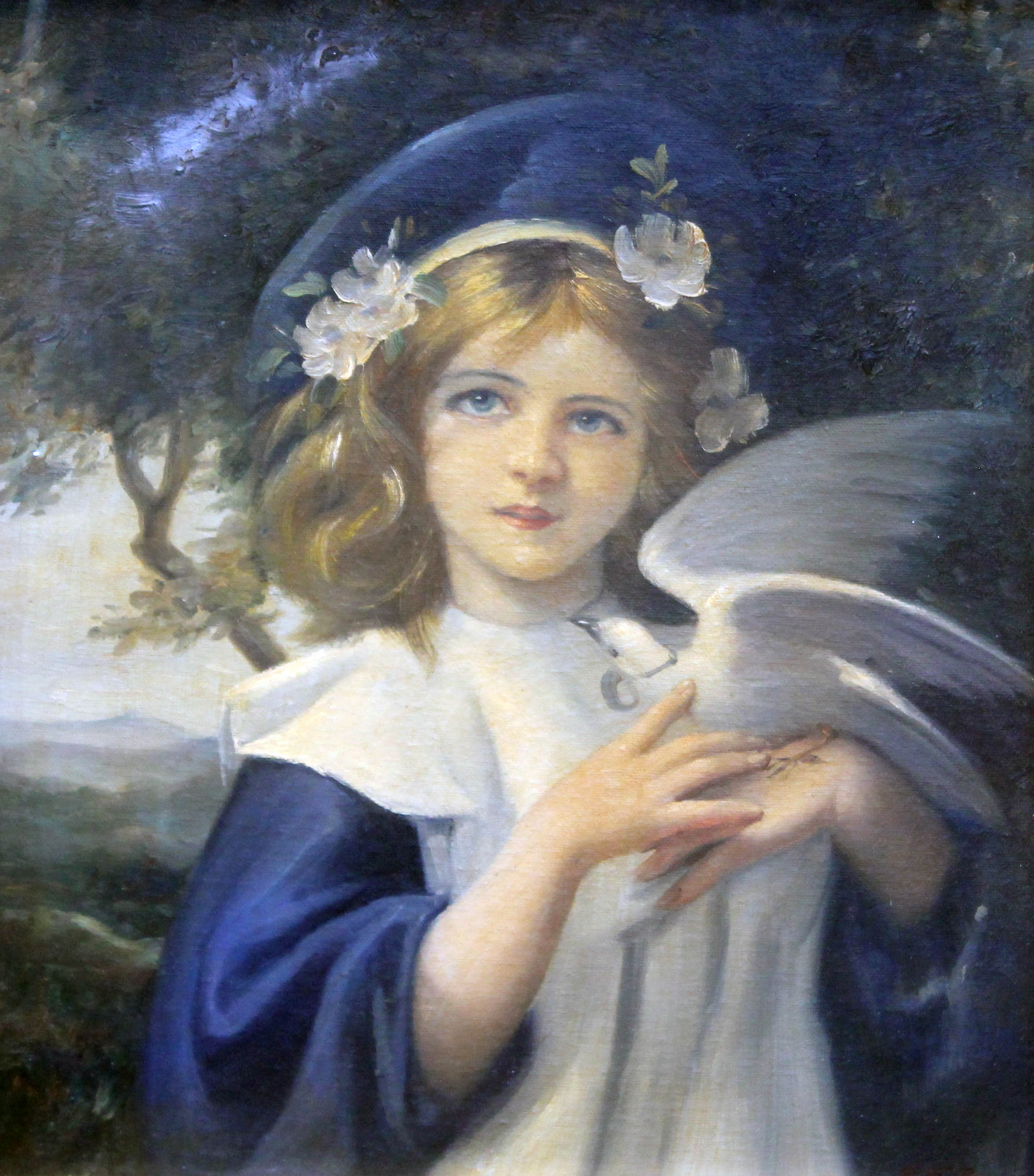 Early 20th Century School, portrait depicting a young girl holding a dove, oil on board, unsigned,