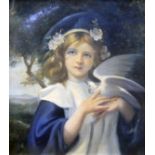 Early 20th Century School, portrait depicting a young girl holding a dove, oil on board, unsigned,