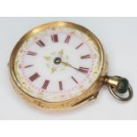 A ladies pocket watch, marked '14K', diam. 32mm, gross wt. 27.50g.