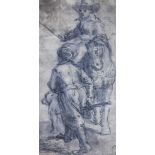 Old Master Drawing, figure on horseback passing man and dog, pencil on paper, 8cm x 18cm.