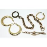 A mixed lot comprising a pair of earrings and another marked '375', a yellow metal chain and a