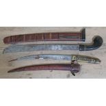 A North African short sword with horn handle and leather scabbard length 53cm and an eastern short