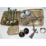 A mixed lot of mainly hallmarked silver comprising a cigarette case, a vesta case, five enamelled