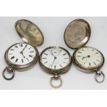 A group of three pocket watches comprising two hallmarked silver full hunter pocket watches, one