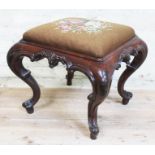 A Victorian carved mahogany stool with tapestry top, width 51.5cm, depth 51.5cm & height 49cm.