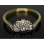 An Art Deco diamond cluster ring, millegrain fan shape setting 10mm x 6mm, marked '18ct & PT', gross