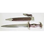 A German WWII Third Reich SA dagger, the brown wooden handle with inlaid 'SA' logo and swastika,