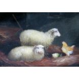 Albert Jackson (fl. 1880-1900), sheep and chicken in a barn, oil on board, 13.5cm x 10.5cm, signed