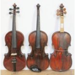 Three antique violins, lengths 361mm, 362mm & 360mm (pictured left to right), each with hard case.