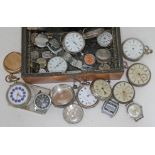 A wooden box containing various pocket watches and wristwatches including a gold plated pocket